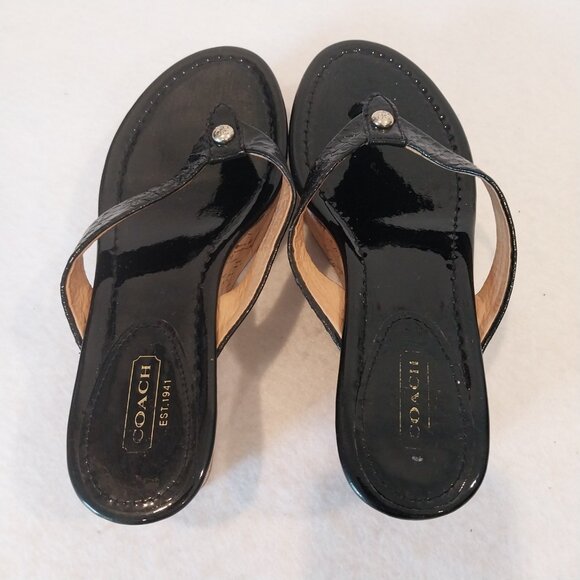 Coach 6.5 Strappy Sandal Wedge Cork Black Patent Leather Jorgina Signature Thong - Picture 7 of 13